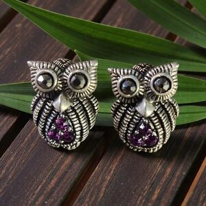Vintage Sterling Silver Owl Stud Amethyst And Marcasite Earrings